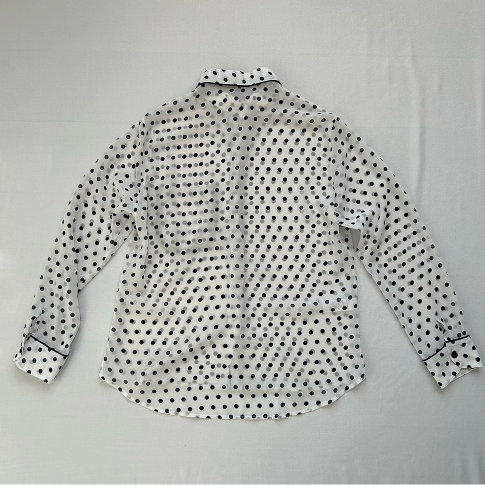 Cape Madras Sheer Polka Dot Button Up Blouse White Navy Blue Medium - Picture 2 of 10